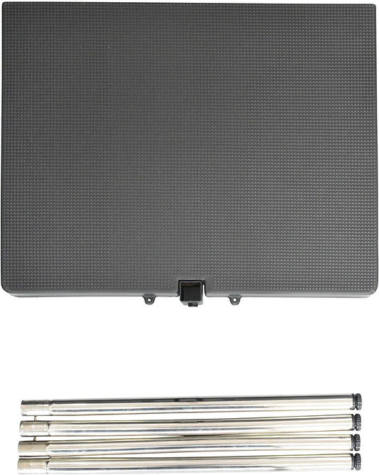 Folded portable grooming tabletop with detached metal leg sections laid below it.