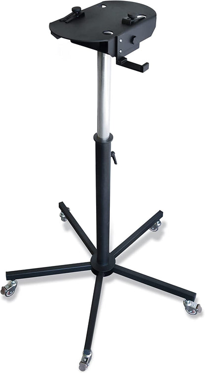 Black wheeled dog dryer stand with mounting plate and adjustable pole.