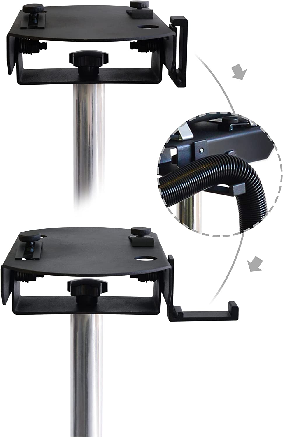 Dryer stand mounting plate and swing-out hose support, shown in two positions.