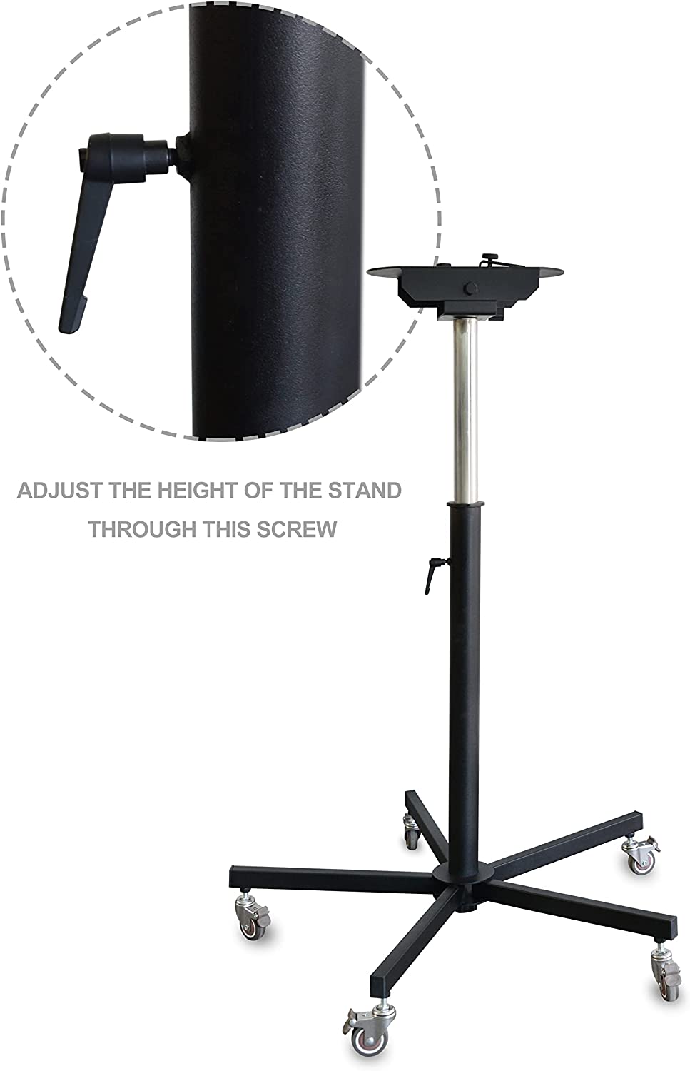 Close-up of the dog dryer stand's height-adjustment screw and telescopic pole.