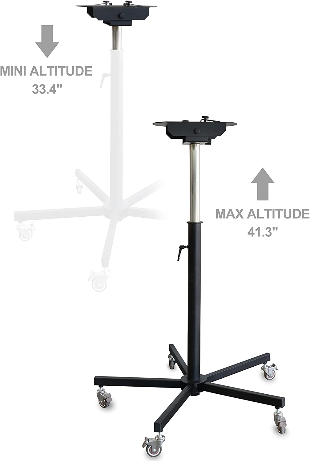 Dog dryer stand illustrated at two heights, with adjustment measurements.