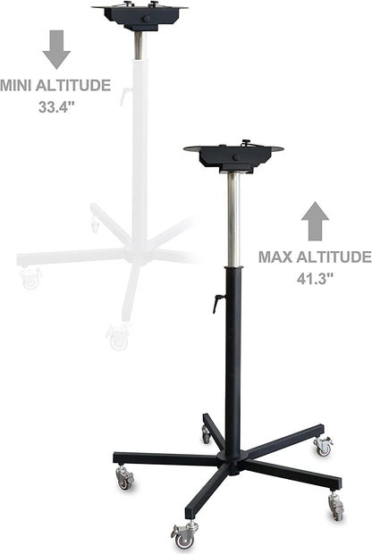 Dog dryer stand illustrated at two heights, with adjustment measurements.