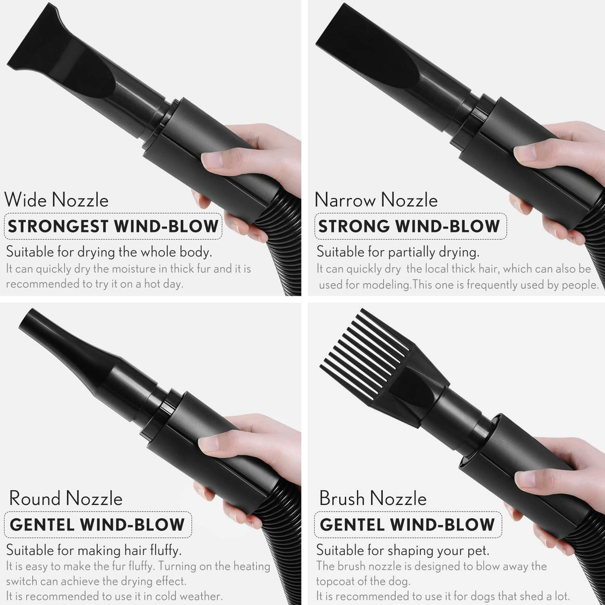 Four-panel guide showing the wide, narrow, round and comb nozzles fitted to a dryer hose.