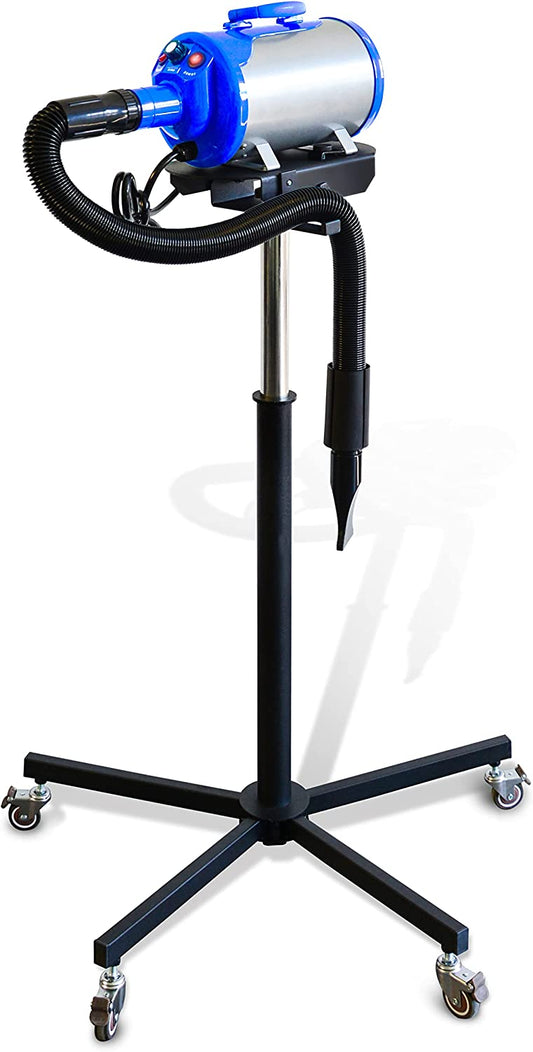 Blue single-motor dog dryer mounted on a wheeled floor stand with hose attached.