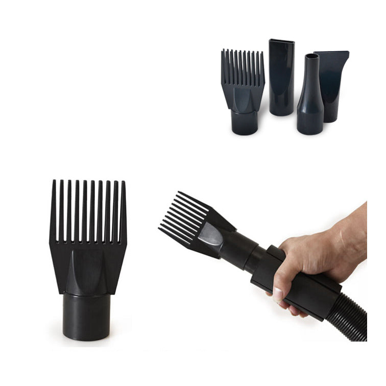 Four dog dryer nozzles with a close-up of the comb attachment fitted to the hose.