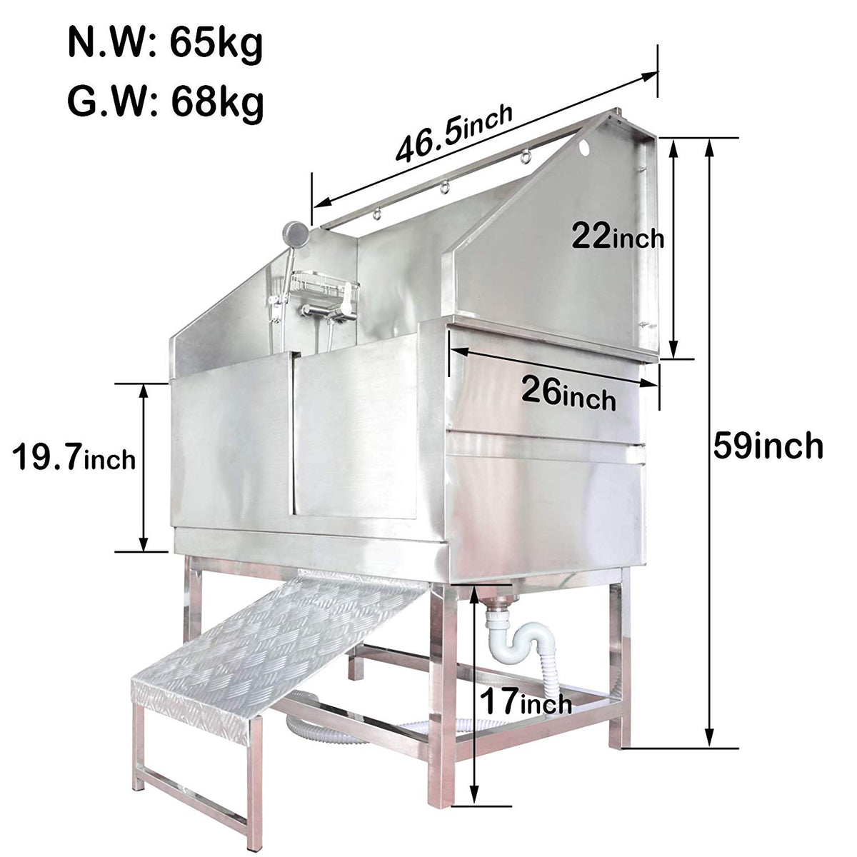 Stainless steel dog bath dimension diagram showing a 46.5-inch length and 59-inch overall height.