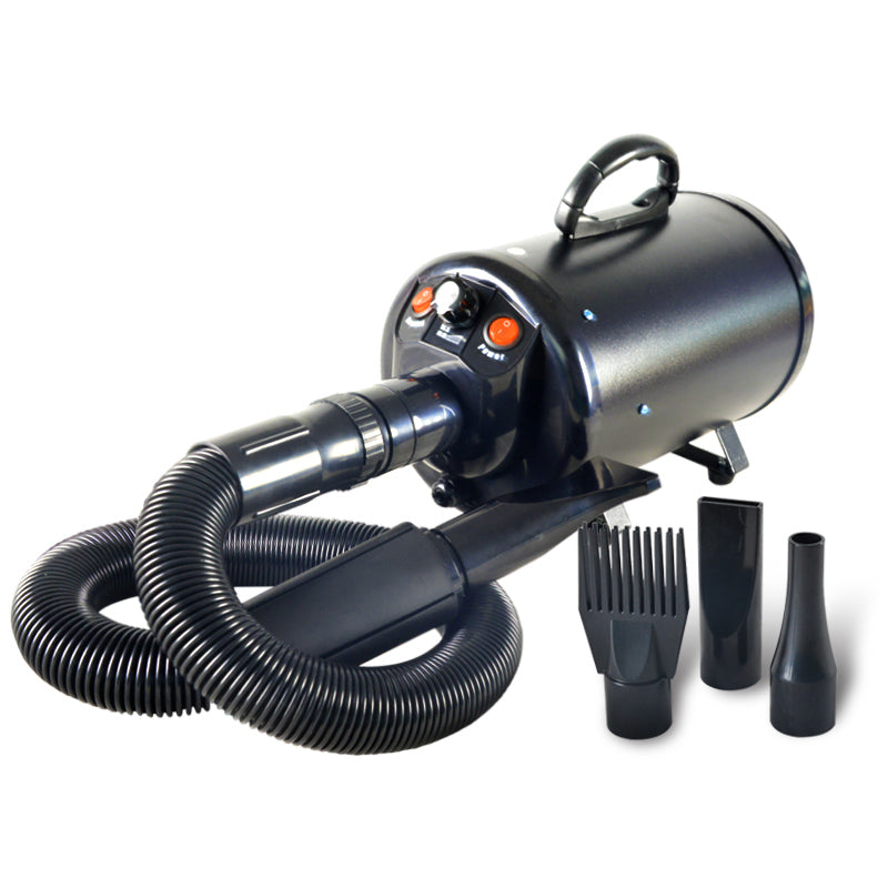Black Gravitis 2800W dog dryer with flexible hose and four nozzle attachments.