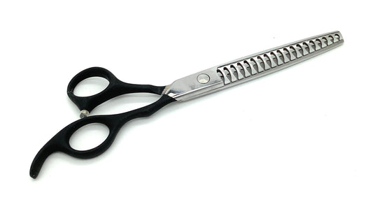Dog grooming thinning shears with black handles and a coarse-toothed blade.