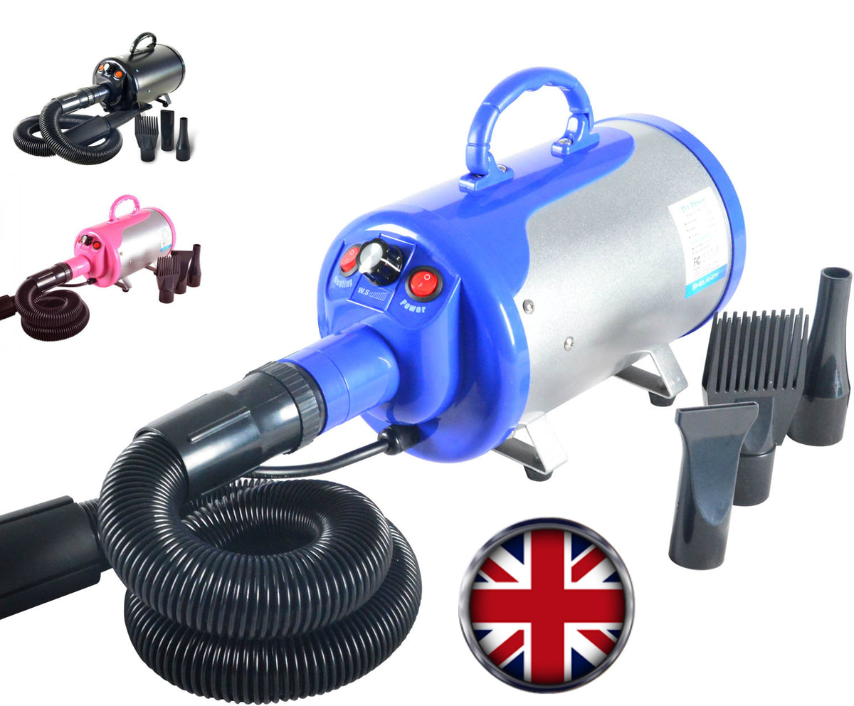 Blue 2800W dog dryer kit with smaller black and pink colour options.