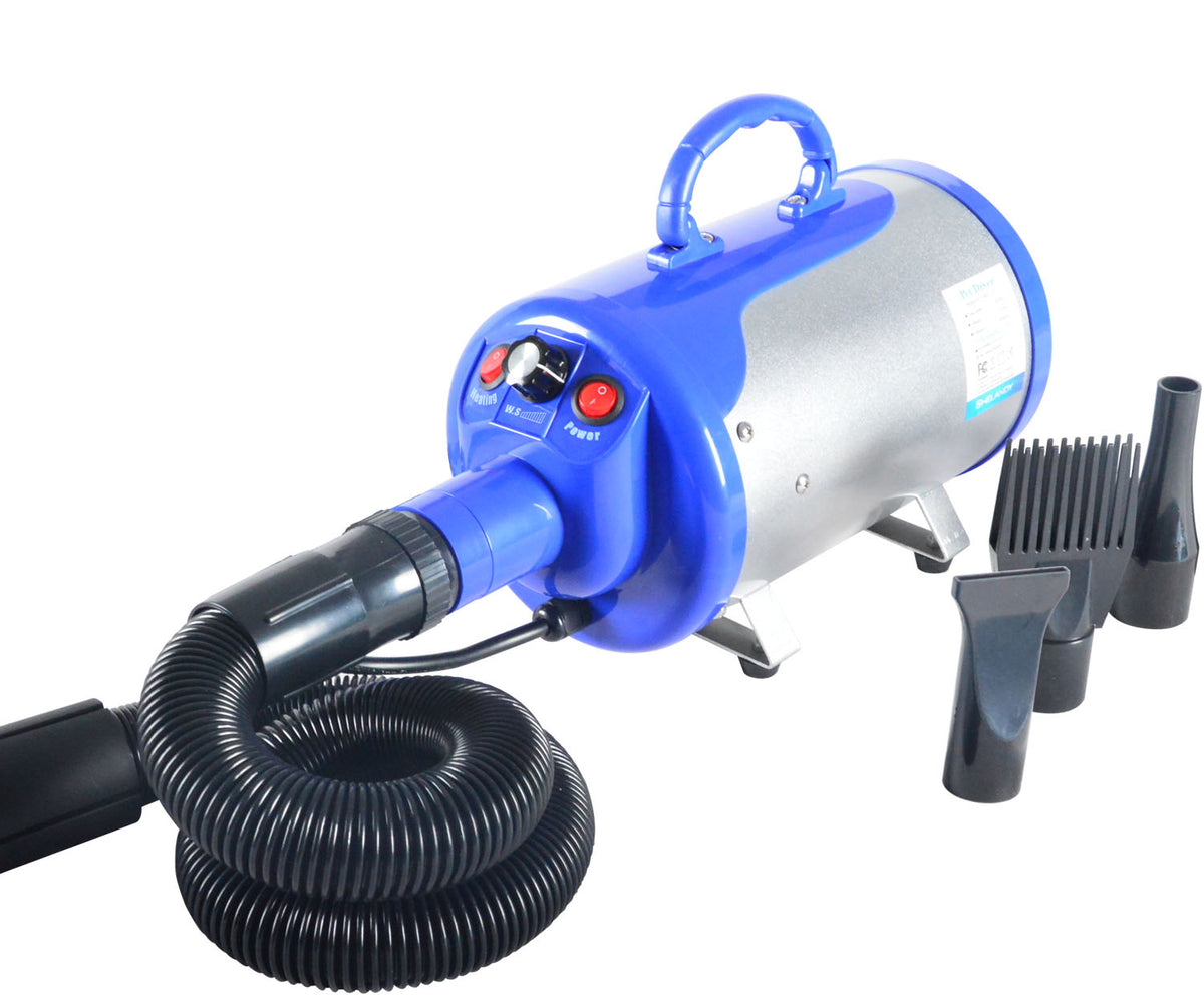 Blue Gravitis dog dryer with flexible hose and four nozzle attachments.