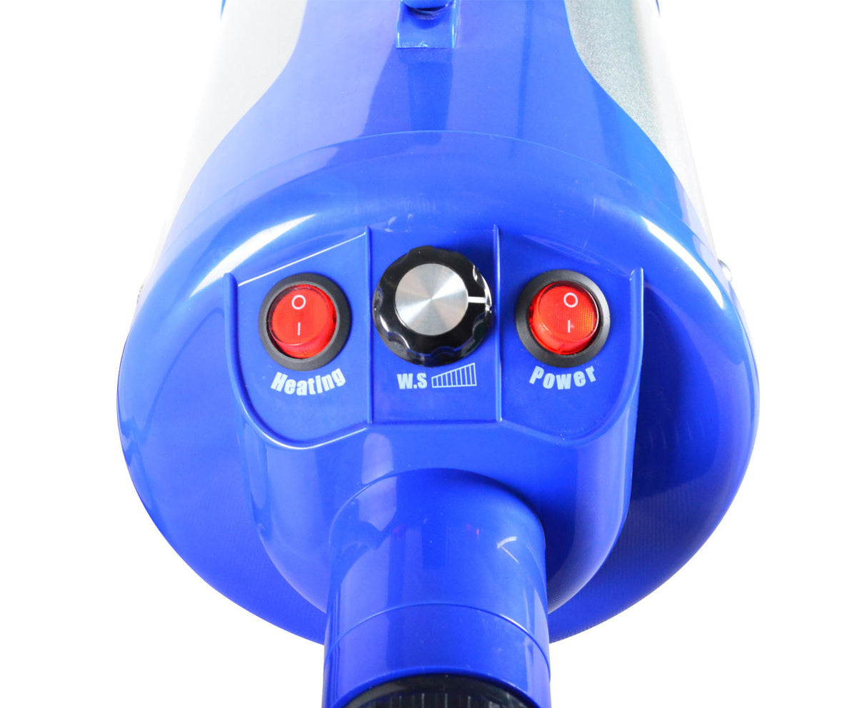 Blue dog dryer control panel showing heating and power switches and the airflow dial.