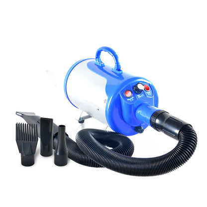 Blue 2800W dog dryer viewed from the opposite side, with hose and nozzle attachments.
