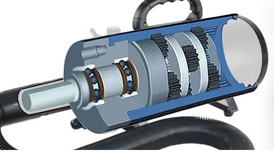 Cutaway illustration showing the motors inside a double-motor dog dryer.