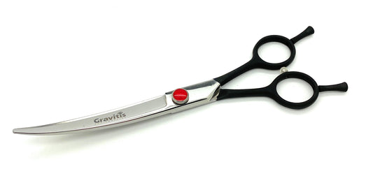 Up-curved dog grooming scissors with black handles and red adjustment screw.