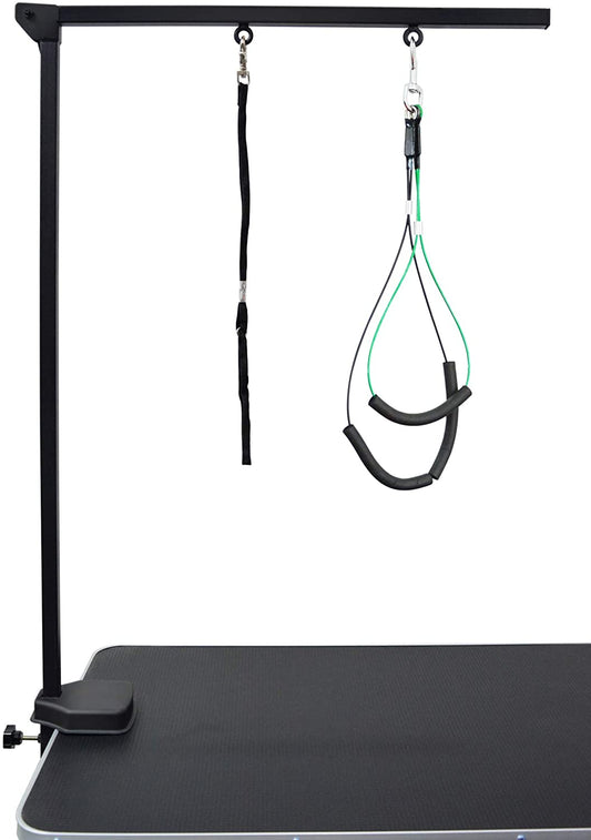 Black folding grooming arm with clamp and hanging neck and haunch loops.