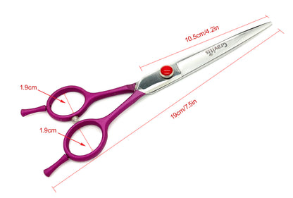 Purple-handled straight scissors diagram showing 19 cm overall length and 10.5 cm blades.