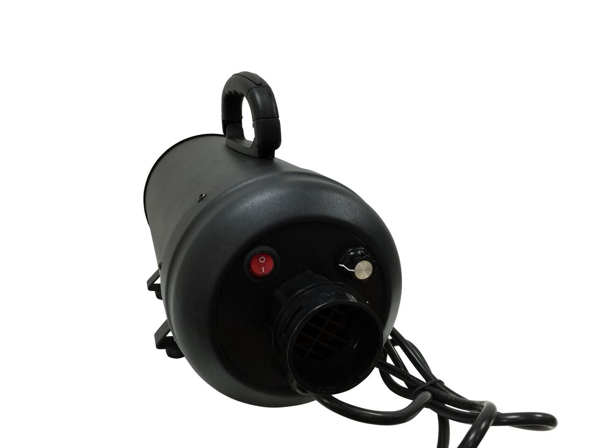 Double-motor dog dryer control panel with power cable and carrying handle.