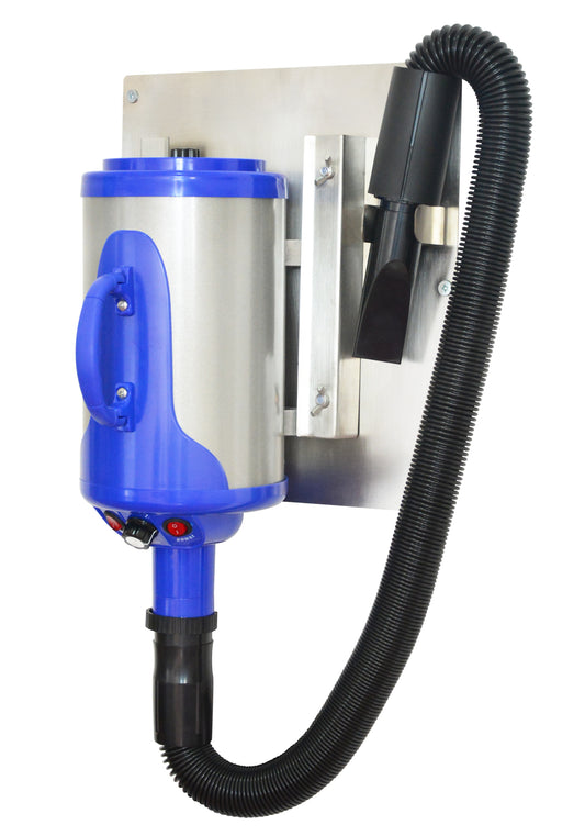 Blue dog dryer and hose attached vertically to a stainless steel wall bracket.