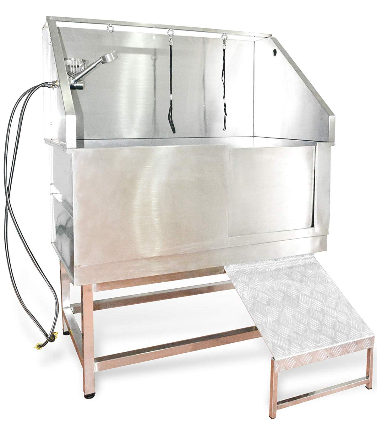 Stainless steel dog grooming bath with ramp, overhead arm, two loops and water hoses.