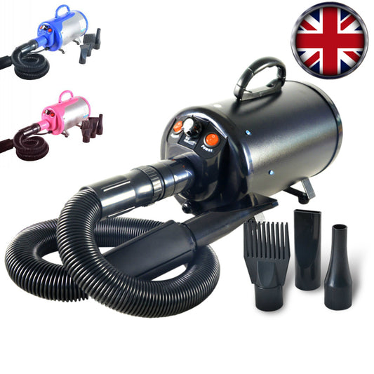 Black Gravitis 2800W dog dryer with hose and four nozzles, alongside pink and blue colour options.