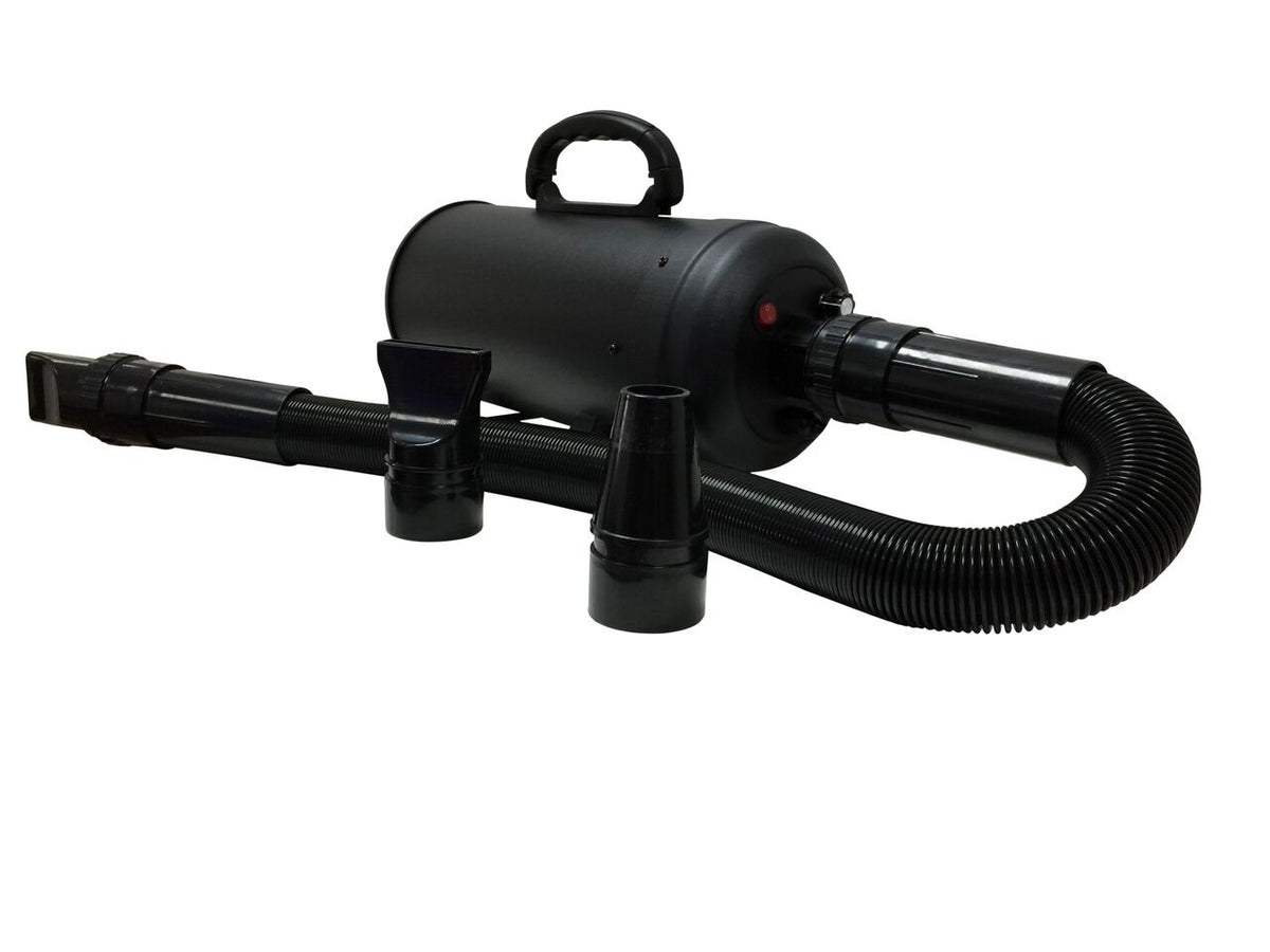 Double-motor dog dryer with hose and separate round and flat nozzle attachments.