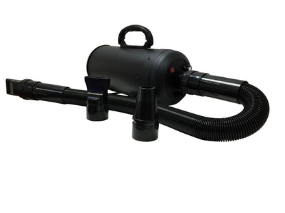 Double-motor dog dryer with hose and separate round and flat nozzle attachments.