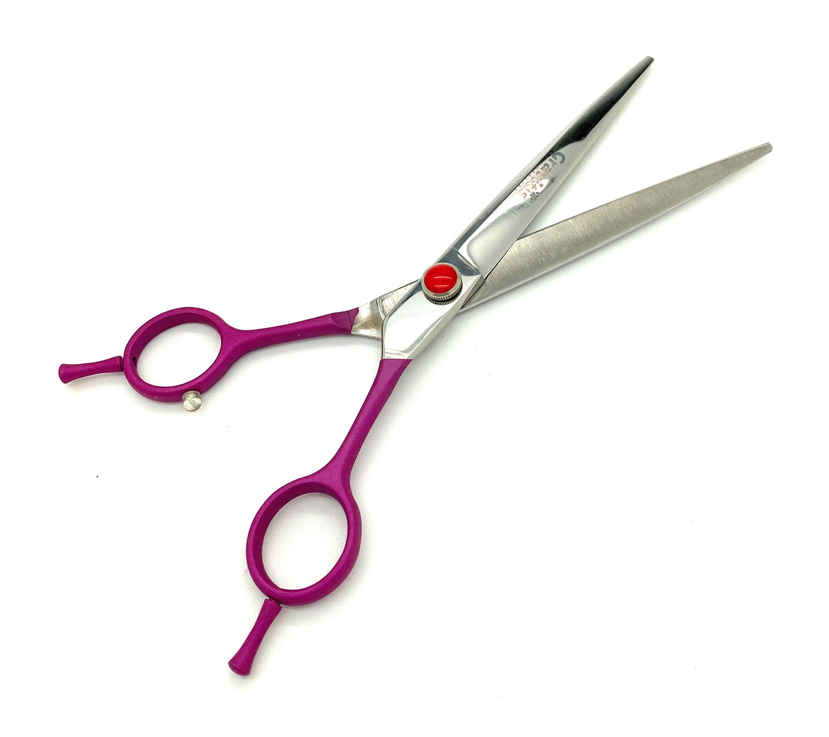 Open straight grooming scissors with purple handles and finger rests.