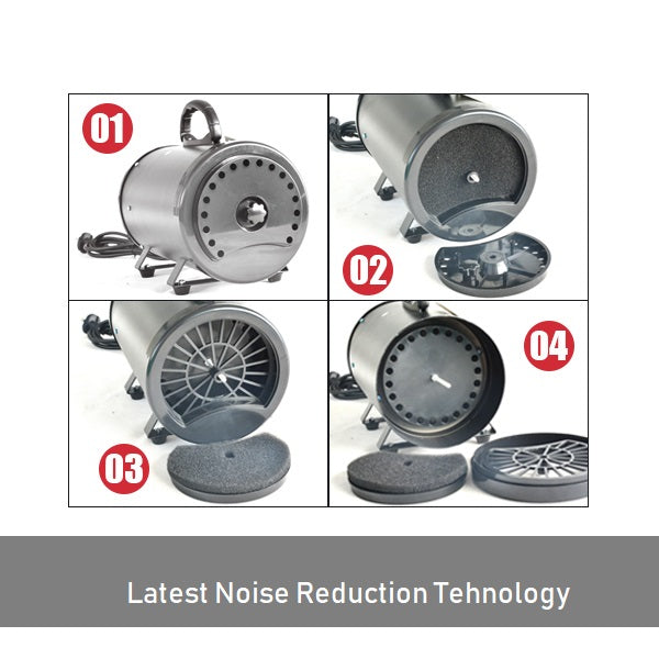 Four close-ups of the dog dryer's rear cover, grille and removable foam filter.