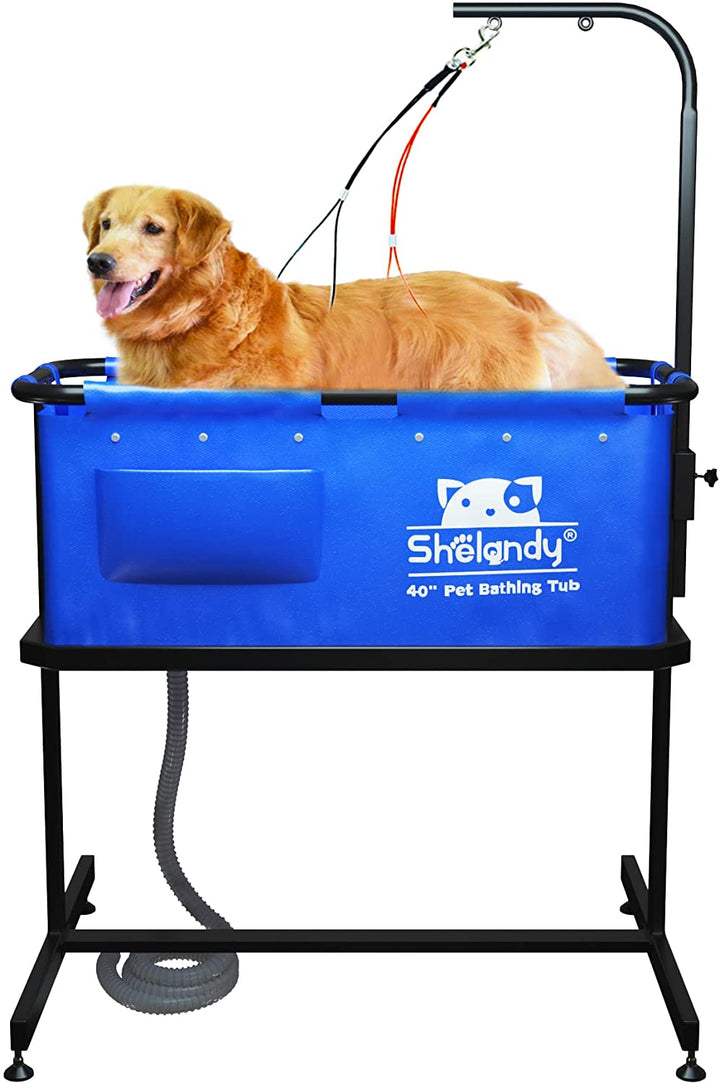 Golden retriever in a blue portable 40-inch pet bath with stand and grooming arm.