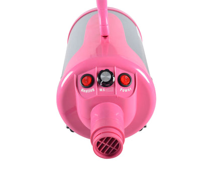 Pink 2800W dog dryer control panel with heating and power switches and an airflow dial.