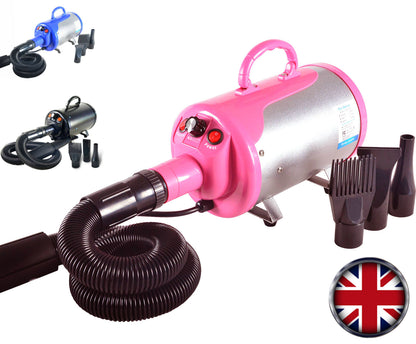 Pink 2800W dog dryer kit with smaller blue and black colour options.