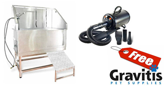 Stainless steel dog bath and ramp beside a dryer kit, with a promotional free-dryer label.