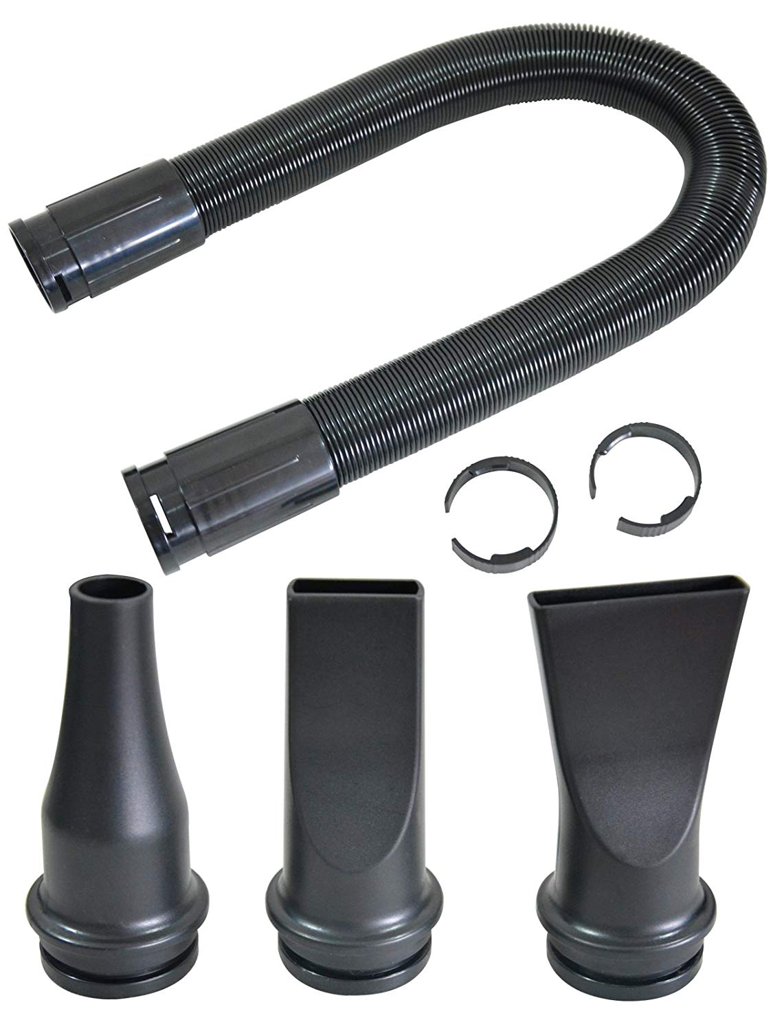 Replacement-style hose, three nozzle shapes and retaining clips for the double-motor dryer.