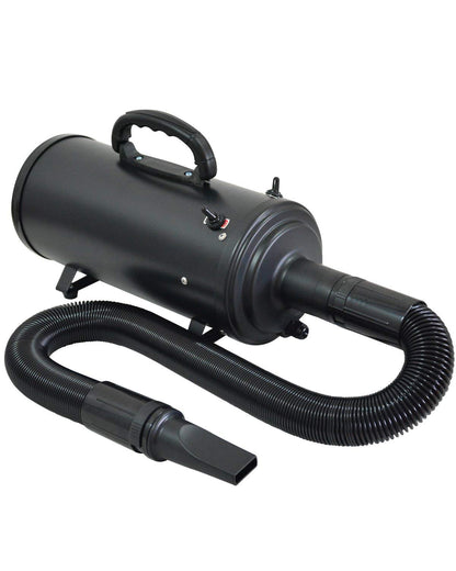 Black Gravitis double-motor dog dryer with coiled hose and flat nozzle.
