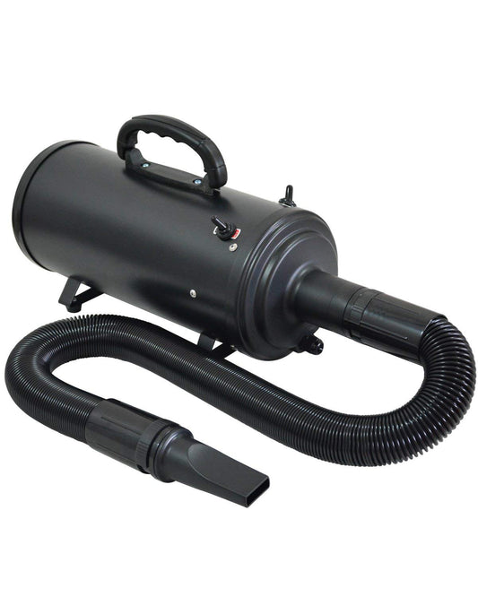 Black Gravitis double-motor dog dryer with coiled hose and flat nozzle.