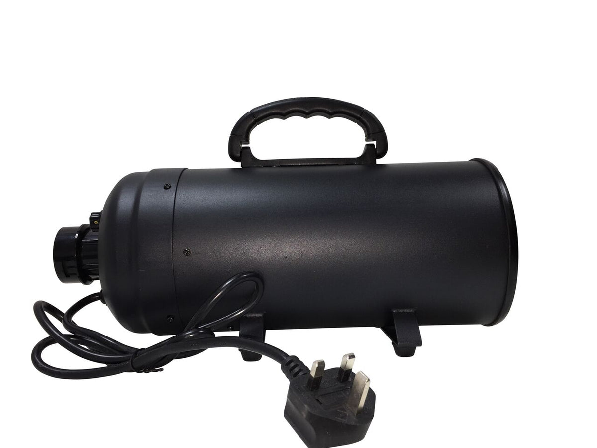 Side view of the black double-motor dog dryer with carrying handle and UK plug.