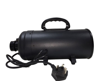 Side view of the black double-motor dog dryer with carrying handle and UK plug.