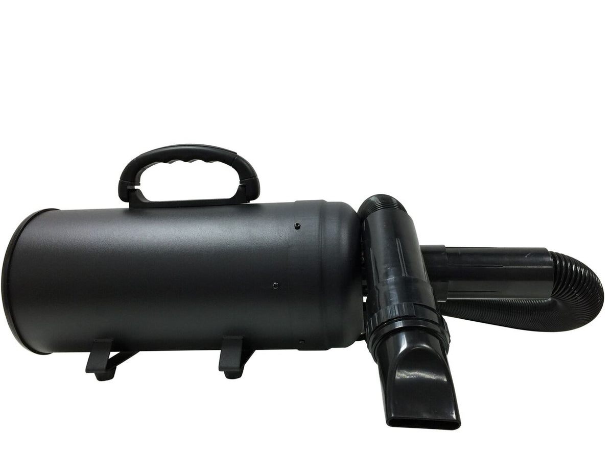 Side view of the double-motor dryer with hose and wide nozzle.