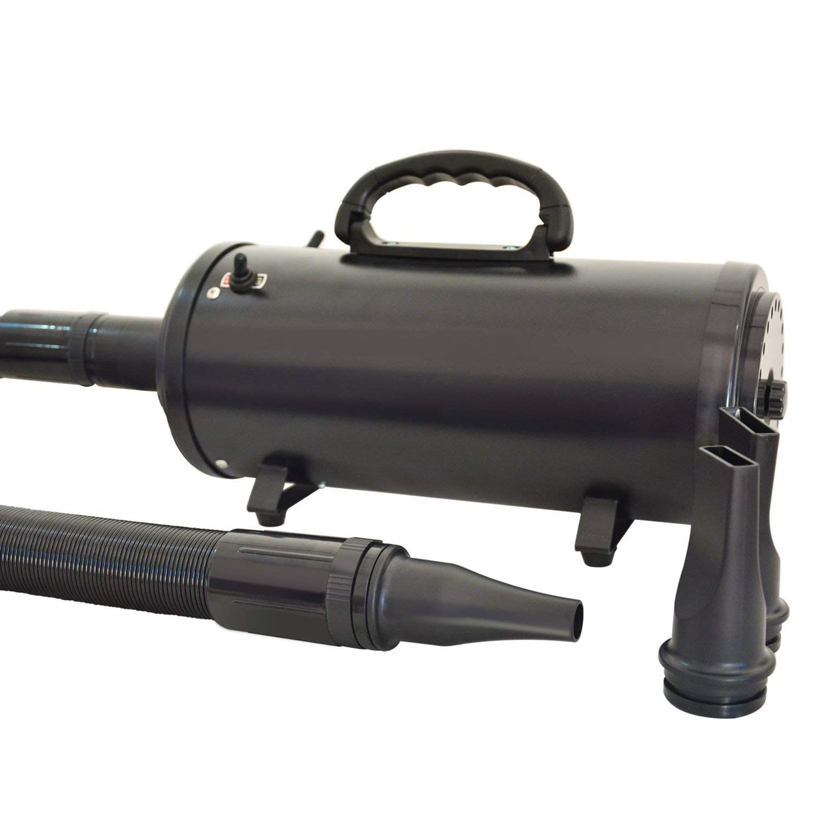 Double-motor dryer shown with its rear grille, hose and separate nozzle.