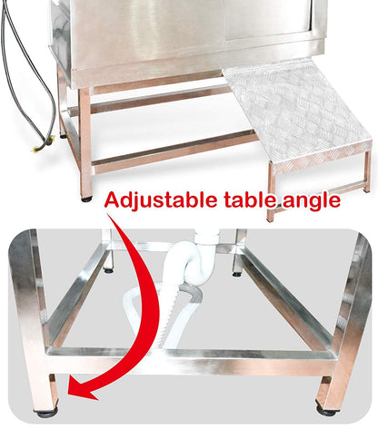 Dog bath base and ramp, with a close-up of the adjustable feet.