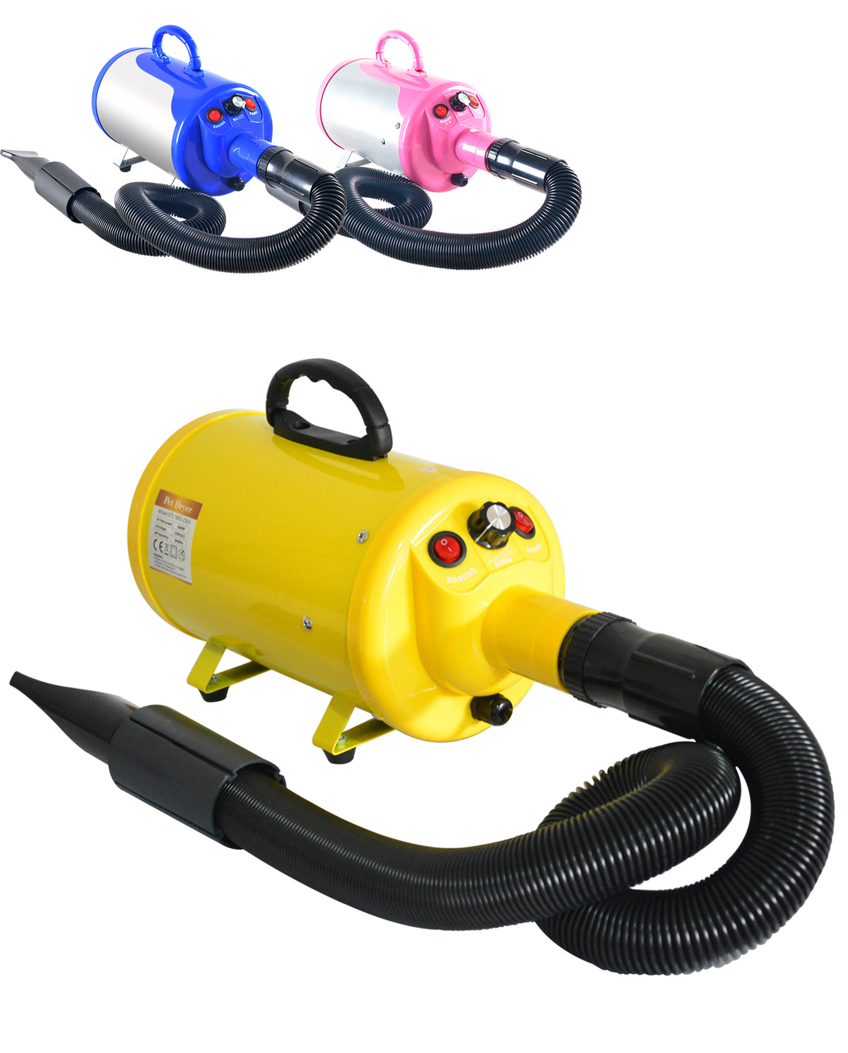 Yellow Gravitis dog dryer with hose and flat nozzle, alongside blue and pink options.
