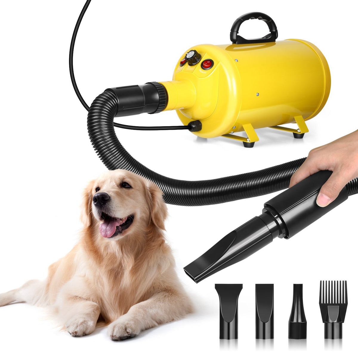Yellow dog dryer with hose, four nozzle shapes and a dog-drying demonstration.