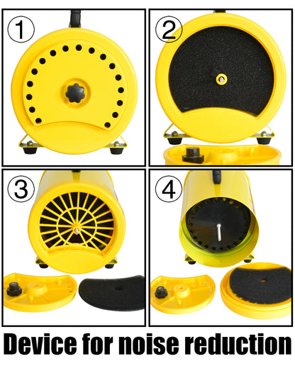Four views of the yellow dog dryer's rear cover, grille and foam filter.