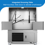 SHELANDY Premium dog wash station showing the fold-away grooming platform and opening front doors.
