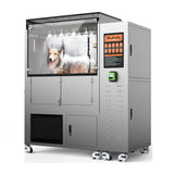 SHELANDY self-service dog wash station with a dog behind the transparent splash guard and a payment terminal.