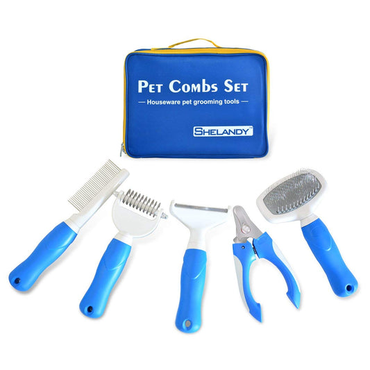 Five-piece blue-handled dog grooming tool set with a blue and yellow carrying case.